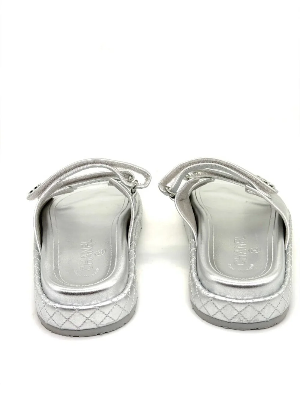 CHANEL 25C Laminated Leather Crystal CC Platform Flat Mules Slide Dad Sandals